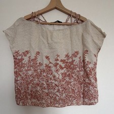 ZARA BASIC Bluse S beige rot Blumenmuster Kurzarm Rundhalsausschnitt