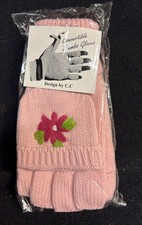 Pink Fingerless Gloves Mittens Acrylic Knit Pink w Flower Design SEE VIDEO