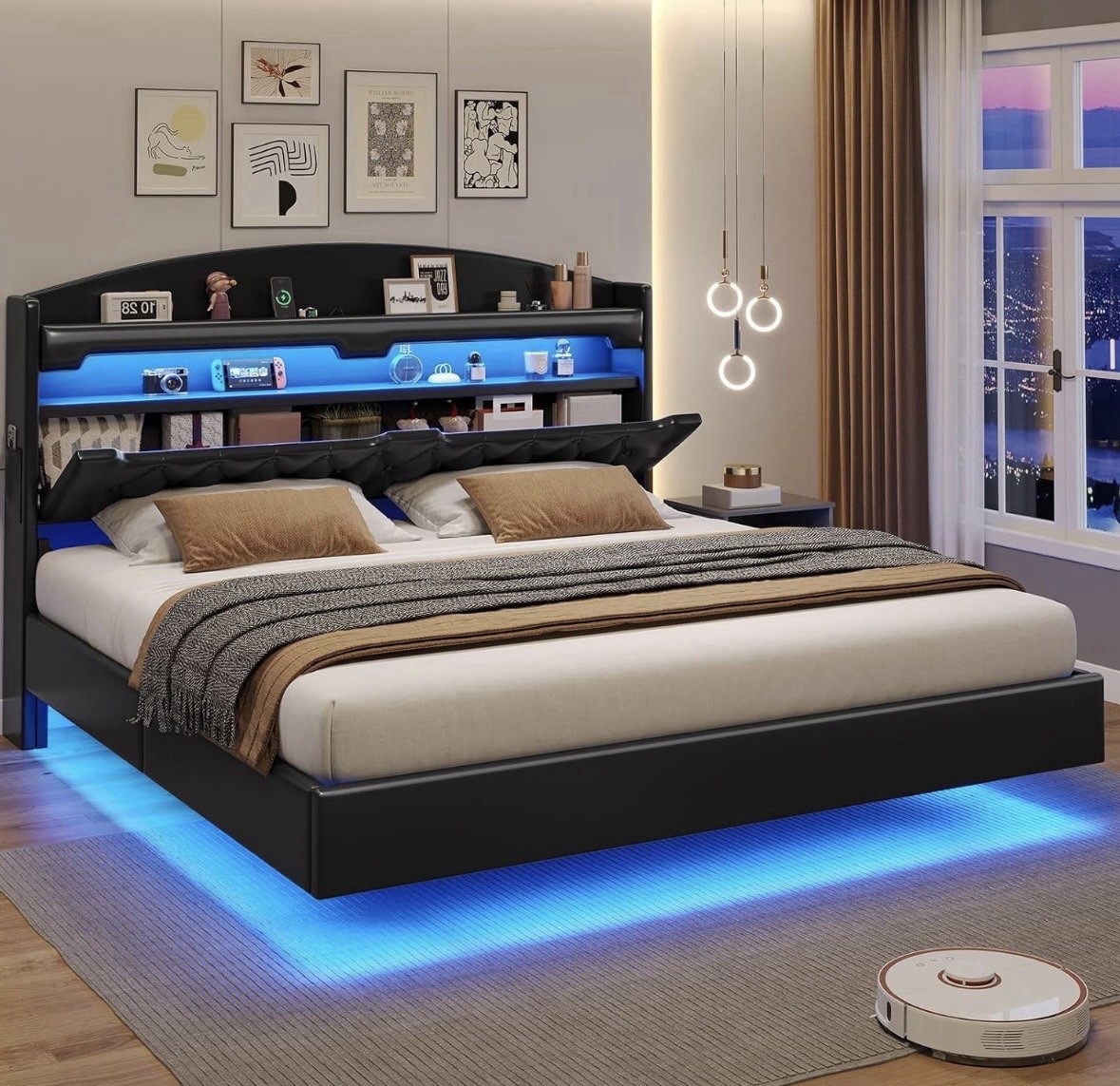 King Size Floating Bed Frame with LED Lights Charging Station Metal Platform Bed