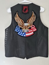 Vintage Men Black Biker Leather Vest US AirForce Veteran Embroidered Vest Large