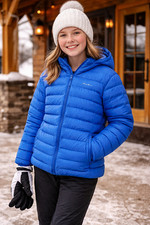 Eddie Bauer Jacket Blue Down Puffer Youth 14 Hooded 75 Down Lightweight EUC