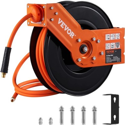 Retractable Air Hose Reel, 3/8 IN x 50 FT Hybrid Air Hose Max 300PSI, Air Com...