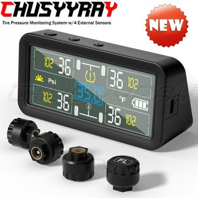 0-144 psi TPMS Solar LCD Car Tire Pressure Monitoring System 4 External Sensors