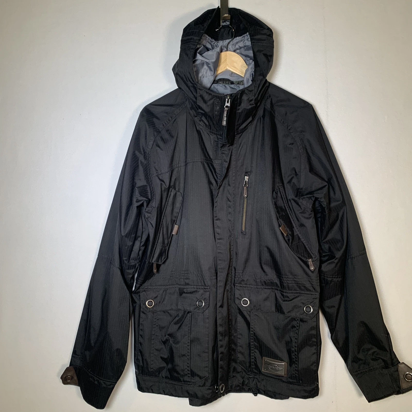 SIMS Jacket Mens M Black Nylon Full Zip Snowboarding Zip Pockets Hooded Utility