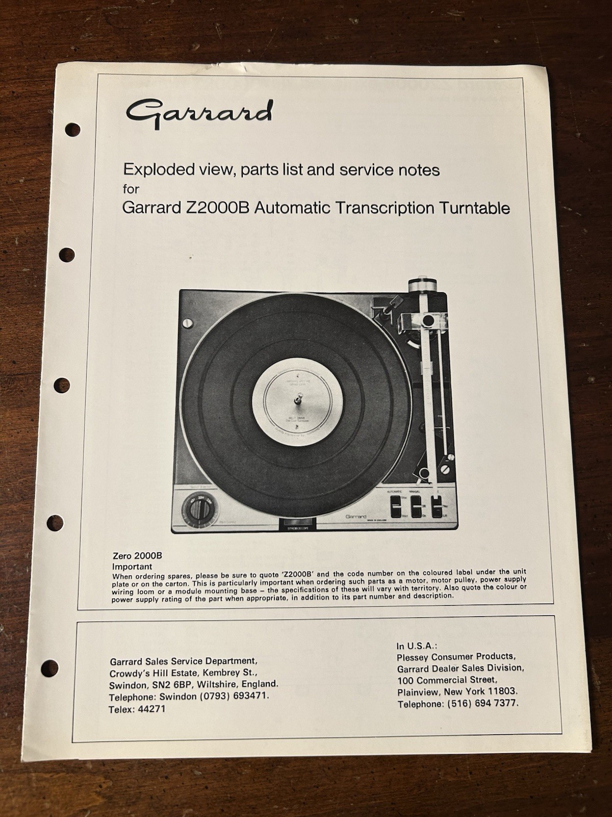Garrard Model Z2000B Turntable Exploded View OEM Service Manual Notes Genuine