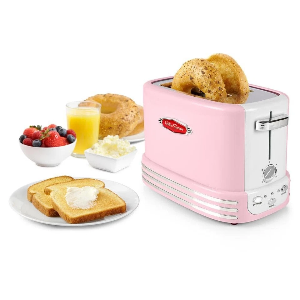 Nostalgia Toaster Retro Pink 2-Slice Bagel Cord Storage Slide-Out Crumb Tray - Image 4 of 4