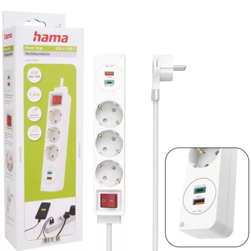 Hama Steckdosenleiste 3-Fach mit 2x USB-C USB-Netzteil Schalter Mehrfachstecker