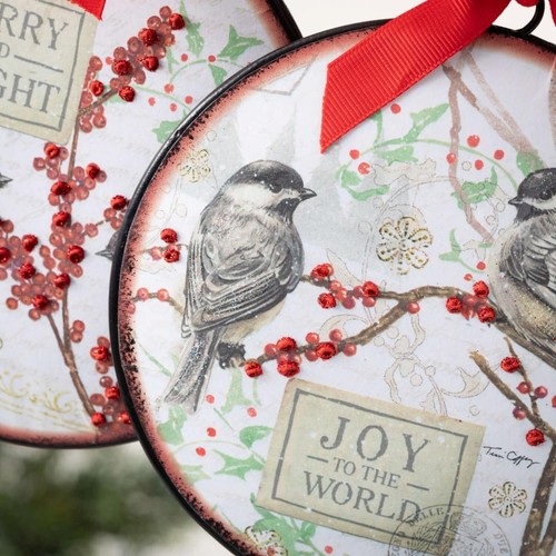 Set 2 Sullivan NWT 6" Birds on Bough Scene Metal Domed Disk CHRISTMAS ORNAMENT - Picture 5 of 5