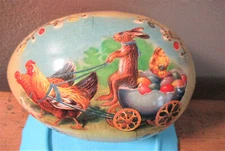 VTG German Paper Mache Easter Egg Rabbit/Hare Drives Egg Cart Pulled by Chickens