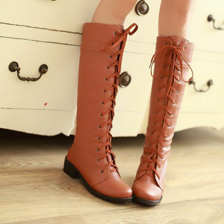 Para mujer Botas Altas con Cordones a la Rodilla Góticas Montar Caballero Tacones Planos Puntera Redonda Zapatos