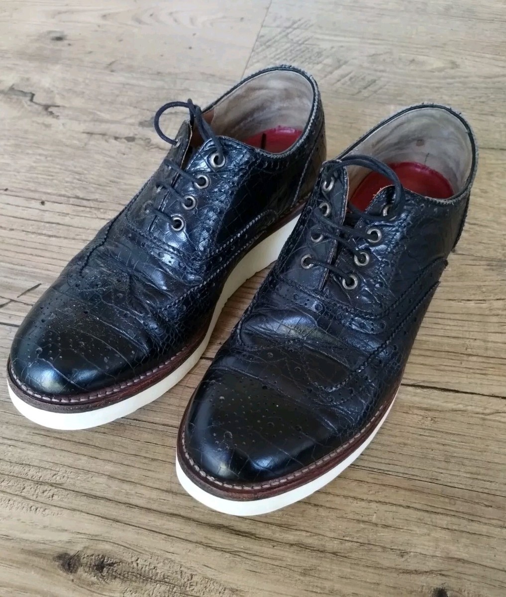 Grenson Womens Brogues Black Crocodile Pattern 4016 Emily Slate