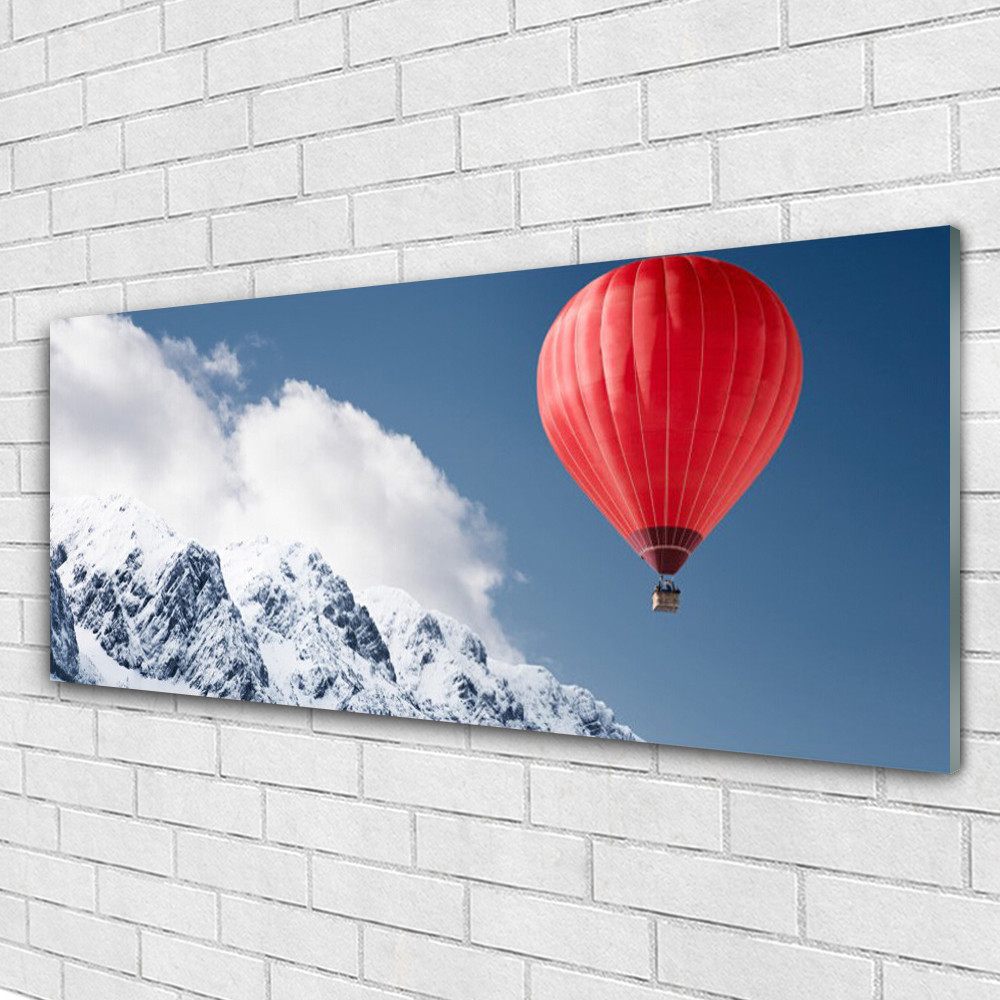 Tableau murale en verre 125x50 cm avec paysage enneigé et montgolfière pour salon moderne