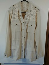 Mystree Womens Beige Cotton/linen Jacket, Size L, Snaps, Drawstring Waist, #3759