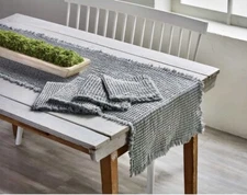 Mud Pie Home Gray Waffle Weave Fringe Edge Table Runner 18” x 90"