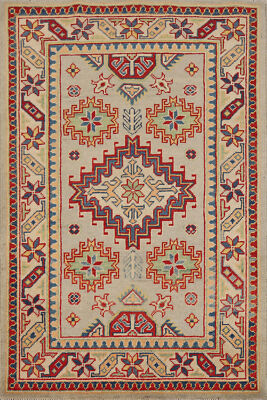 Vibrant Color Geometric Handmade Kazak Pakistani Small Rug Ivory 3x4 ft