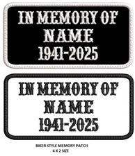 BIKER - MC, CUSTOM NAME MEMORY PATCH  IRON ON / SEW ON 4"X2"