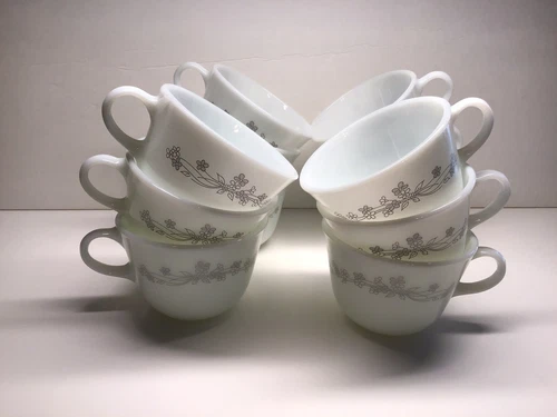 Pyrex Corning Ribbon Bouquet 12 Flat Cup Lot White Gray Floral Made In USA