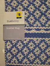 New With Tags True Living Scatter Rug Blue And White with Tassels 20”x30”
