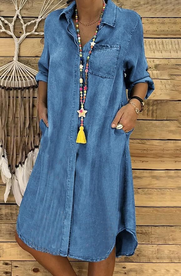 chinese dress ladies Denim A-Line Shirt Dress Small