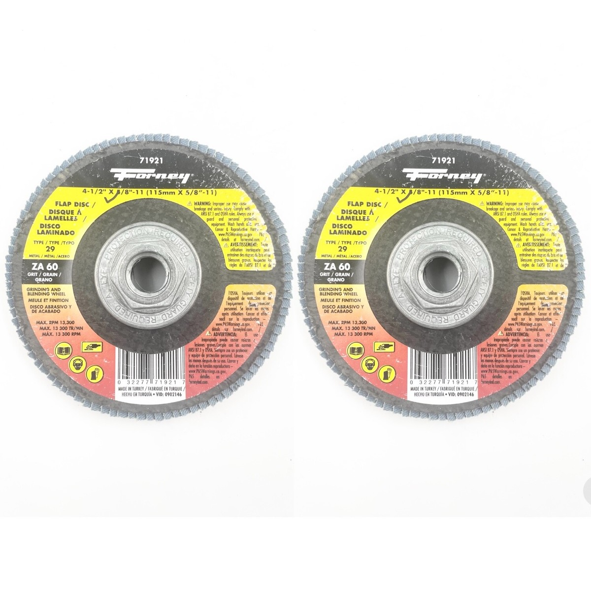 LOT of 2! Forney 71921 4-1/2” Blue Zirconia Flap Disc 60 Grit 5/8