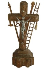 Tramp Art Crucifix Religious Cross Folk Art Handmade Wooden Tools of Passion 17"