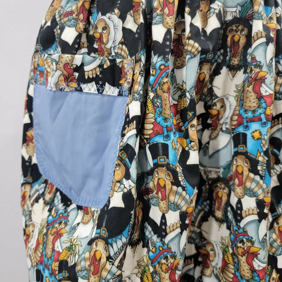 Avental vintage anos 70 azul Tom Turquia bolsos de Ação de Graças reversível festivo - Imagem 3 de 4