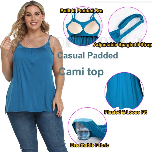 Damen Tunika Cami integrierter BH ärmellos fließend Swing Plissee Tank Top Übergröße - Bild 7 von 58