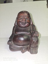 Wooden Hand Carved Happy Buddha Smiling Statue Sculpture Handmade 6" Tall
