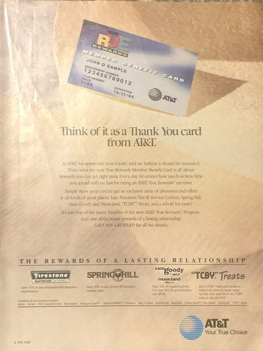 1996 AT&T True Rewards Member Benefit Card PRINT AD Loyalty Thank You ...