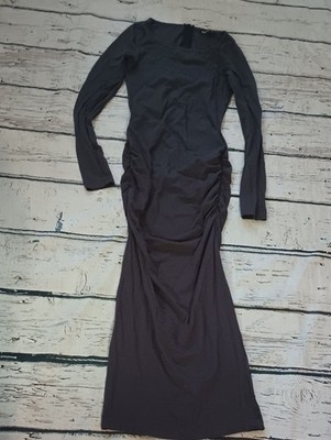 Express Gray Ruched Side Zip Back Long Sleeve Bodycon Cotton Blend Maxi Dress S