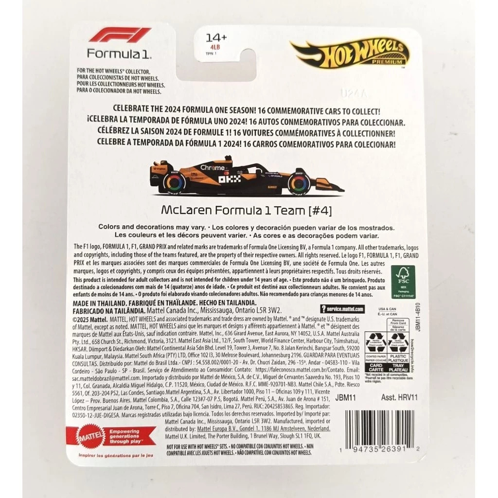 2024 Hot Wheels Premium McLaren Formula 1 Racing Car – F1 Team #4 Diecast