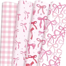 Pink Bow Wrapping Paper - 12 Sheets Coquettte Pretty Bows Wallpaper Cute Baby...