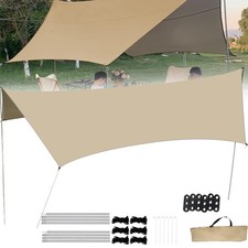 4.5x3M Tarpaulin Waterproof Camping Tarp Sun Shelter Tent Awning with Poles Kit