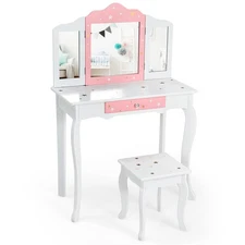 Kids Vanity Princess Makeup Dressing Table Chair Set W/ Tri-folding Mirror White