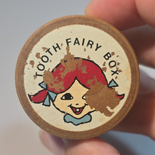 Vintage Round Wooden Tooth Fairy Trinket Box Illustrated Fairy Tales Kids