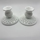 2 Set Vintage Fenton Hobnail Milk Glass Candlestick Holders White Ruffled Edge