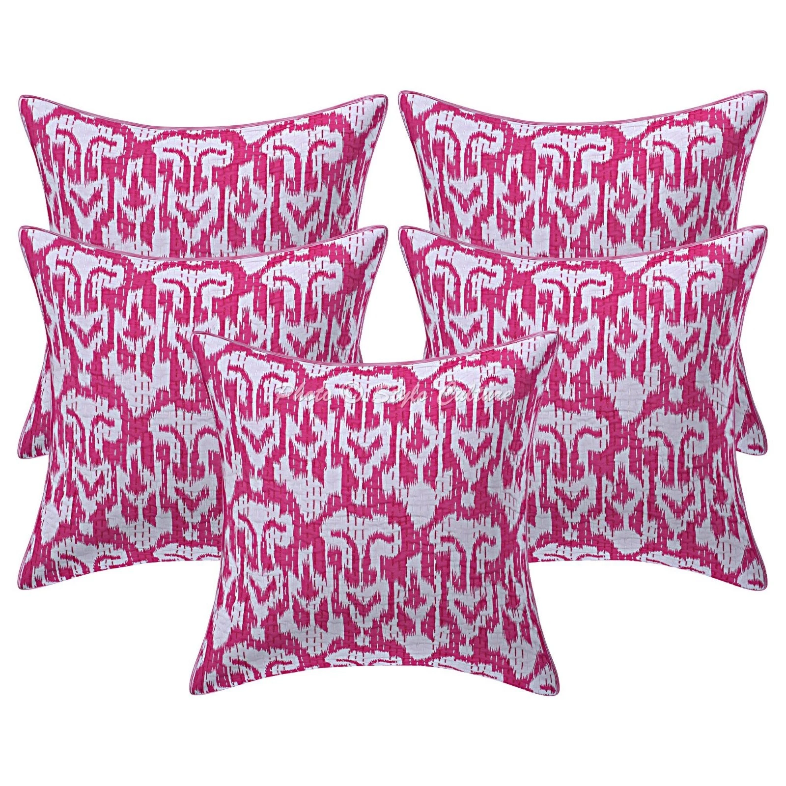 Indian Cotton Throw Pillow Covers Kantha Pink Ikat Home Decor Cushion Cover