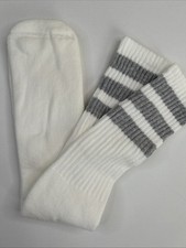VTG Tube Socks Cushion 80s Acrylic Blend White Gray Striped 19  USA Made