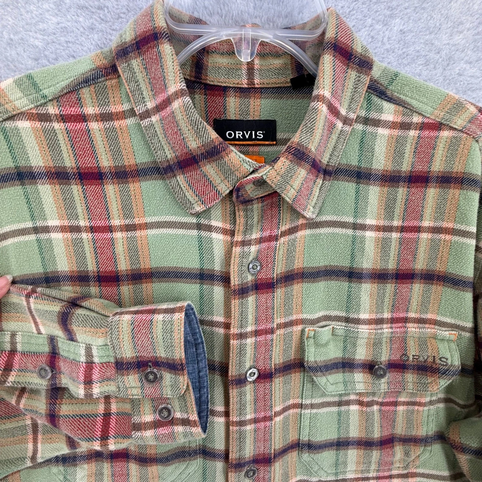 Orvis Flannel Shirt Mens Large Plaid Long Sleeve Active Fit Outdoors Stretch