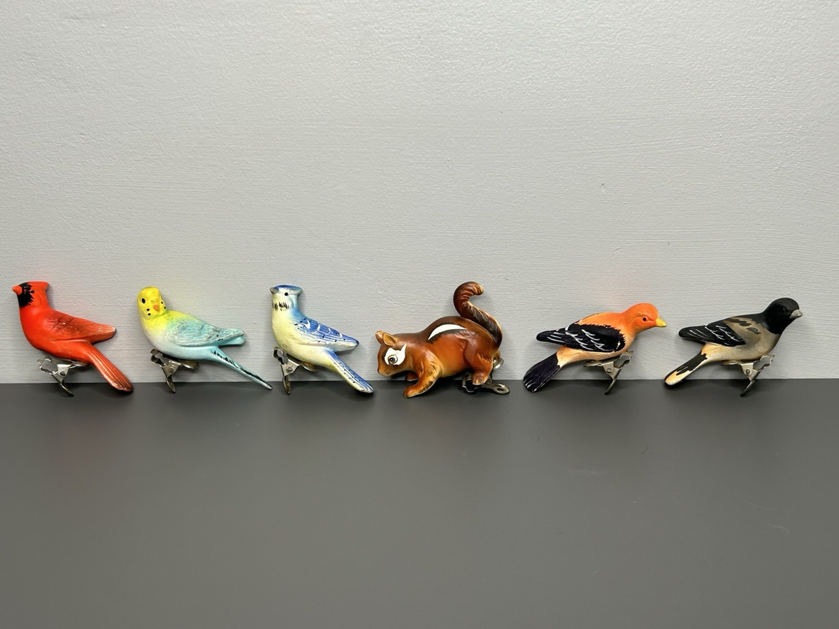 Vintage Bisque Ceramic Clip on Ornaments Chipmunk Cardinal Oriole