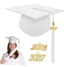 Unisex Matte Graduation Cap with Gold 2026 Year Tassel Charm,Graduation White