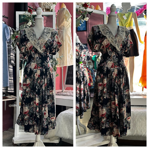 Vintage 80s 90s Floral Print Maxi Dress Big Collar Cottage Grunge Midi M