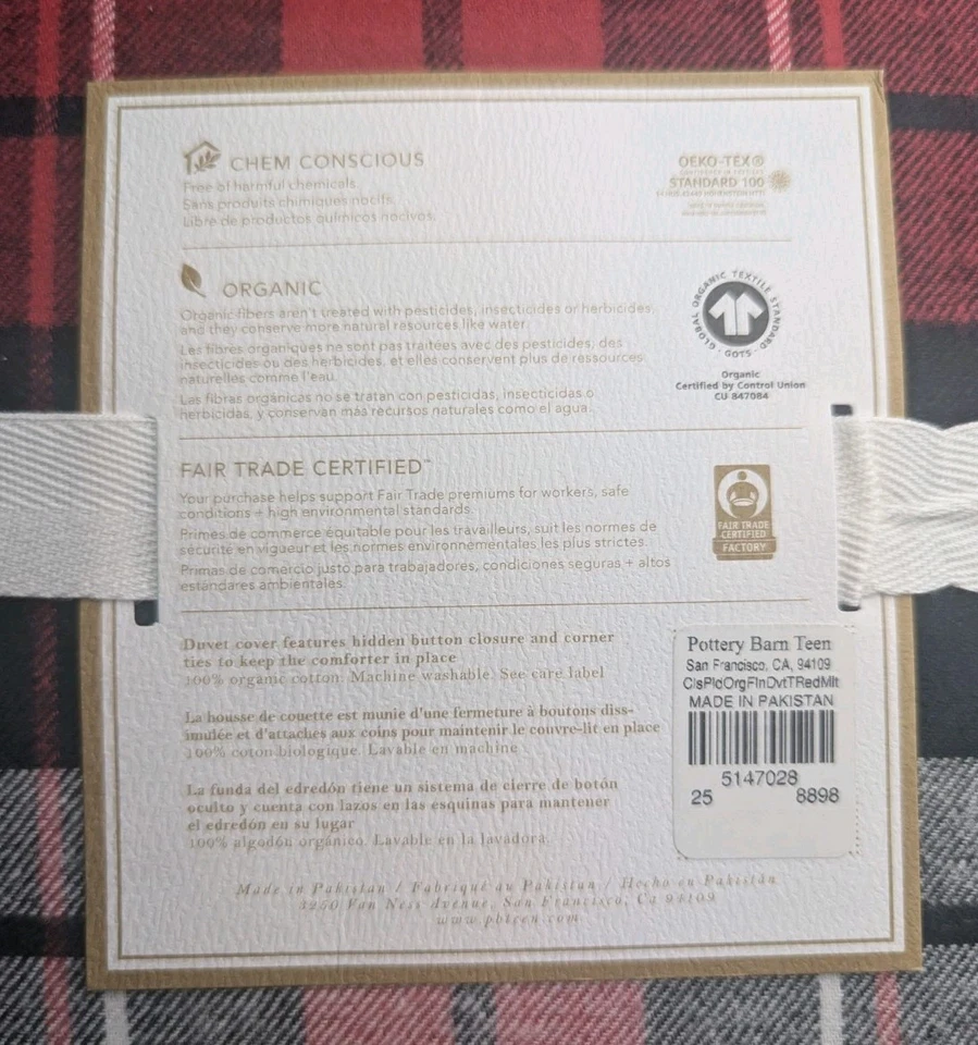 ¡NUEVO! Funda nórdica Pottery Barn Teen tamaño doble clásica a cuadros franela orgánica feb25 Foto 4 de 4