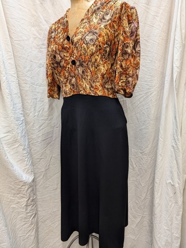 Vintage 1950's Brown Orange Tan Jersey & Black Rayon Dress Size Medium - Picture 6 of 9