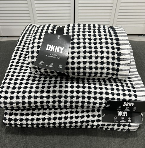 DKNY 4pc 2 Bath 2 Hand Towels Black White Dot Farmhouse Gingham 100% Cotton NEW