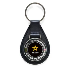 Proud Grandson Of A Korea Veteran Black Leather Keychain Silver Keyring