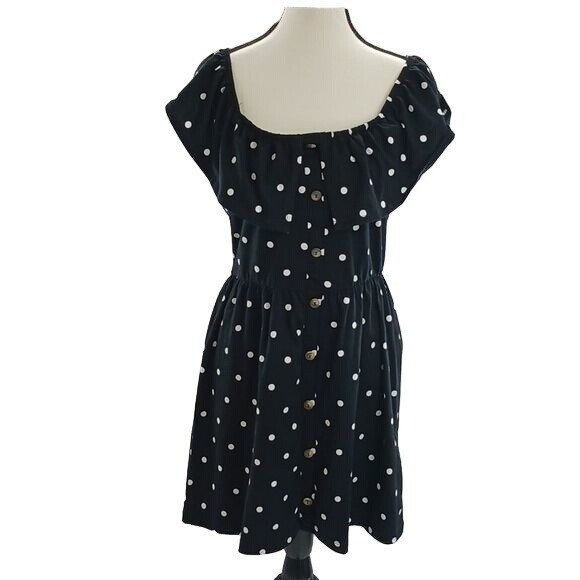 ASOS Dress Womens Size 10 Black White Polka Dot Off Shoulder Ruffle Button  Front