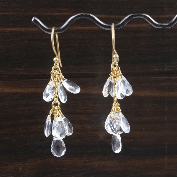 Alternate view of Chalcedony Agate Clear Quartz Yellow Gold Plated Drop Dangle Grapes Earrings