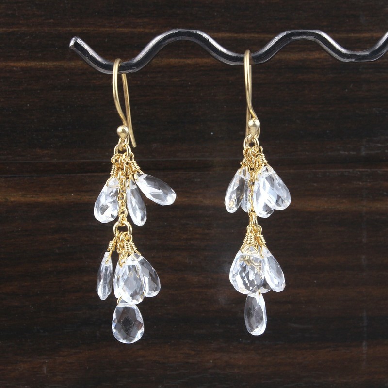 Chalcedony Agate Clear Quartz Yellow Gold Plated Drop Dangle Grapes Earrings - Product main view