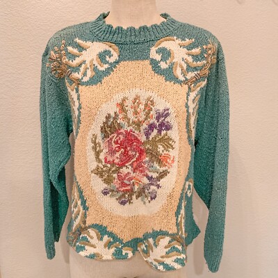 Vintage Casual Corner Floral Cottage Grandma Sweater Mint Green Medium  1993